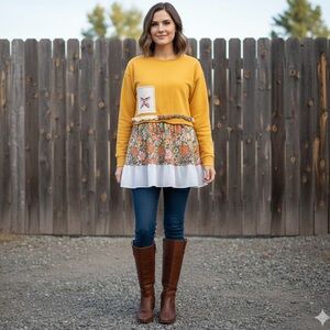 Upcycled mustard sweatshirt floral peplum and trim primitive embroidery Small